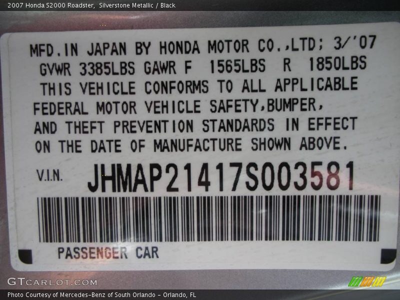 Silverstone Metallic / Black 2007 Honda S2000 Roadster