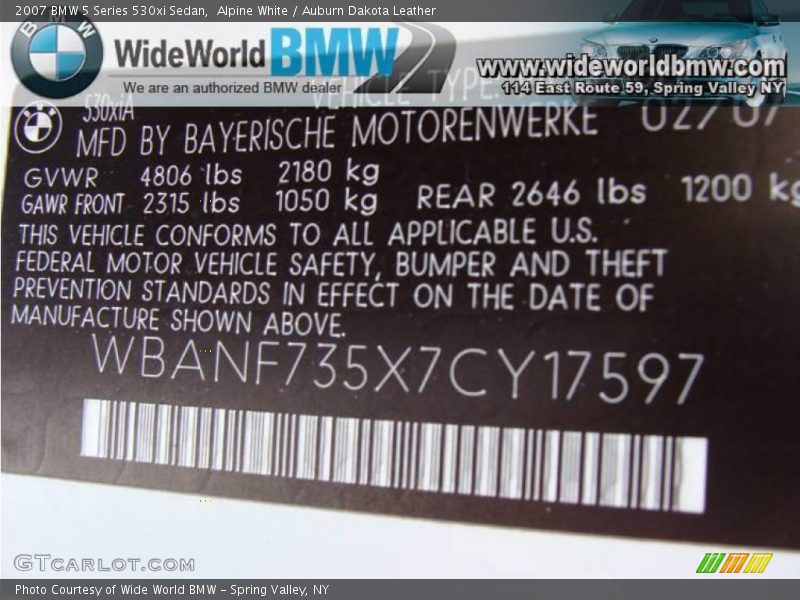 Alpine White / Auburn Dakota Leather 2007 BMW 5 Series 530xi Sedan