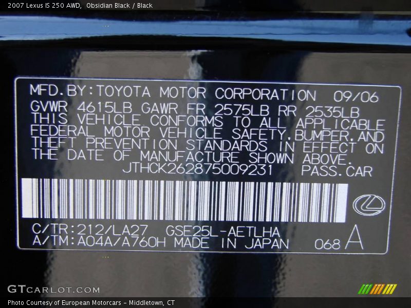 Obsidian Black / Black 2007 Lexus IS 250 AWD