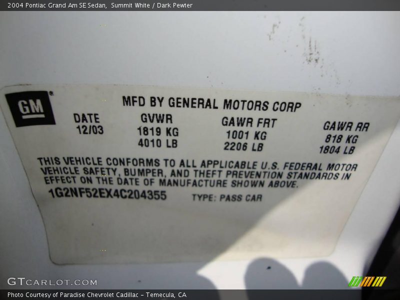 Summit White / Dark Pewter 2004 Pontiac Grand Am SE Sedan
