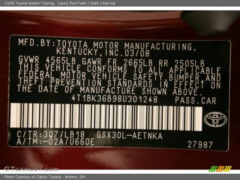 Cassis Red Pearl / Dark Charcoal 2008 Toyota Avalon Touring