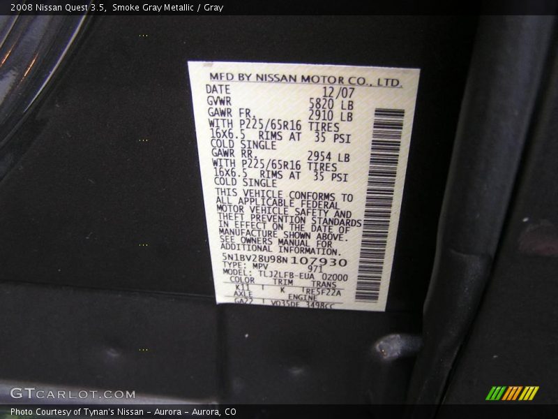 Smoke Gray Metallic / Gray 2008 Nissan Quest 3.5