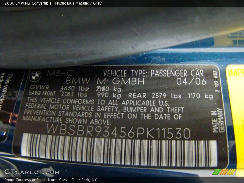 Mystic Blue Metallic / Grey 2006 BMW M3 Convertible