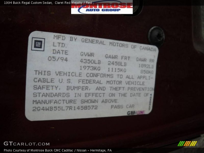 Claret Red Metallic / Red 1994 Buick Regal Custom Sedan