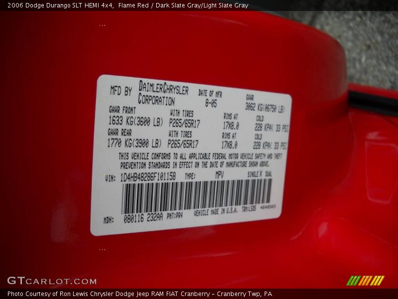 Flame Red / Dark Slate Gray/Light Slate Gray 2006 Dodge Durango SLT HEMI 4x4