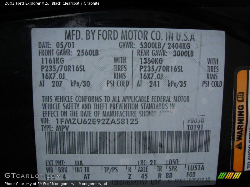 Black Clearcoat / Graphite 2002 Ford Explorer XLS
