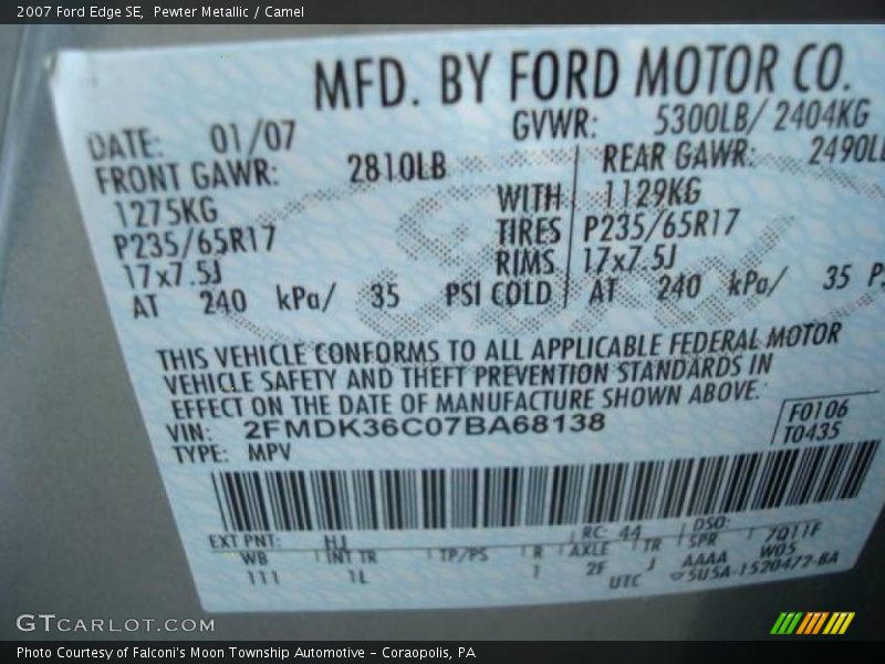 Pewter Metallic / Camel 2007 Ford Edge SE