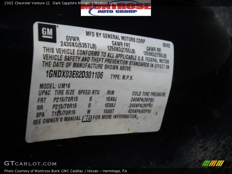 Dark Sapphire Metallic / Medium Gray 2002 Chevrolet Venture LS