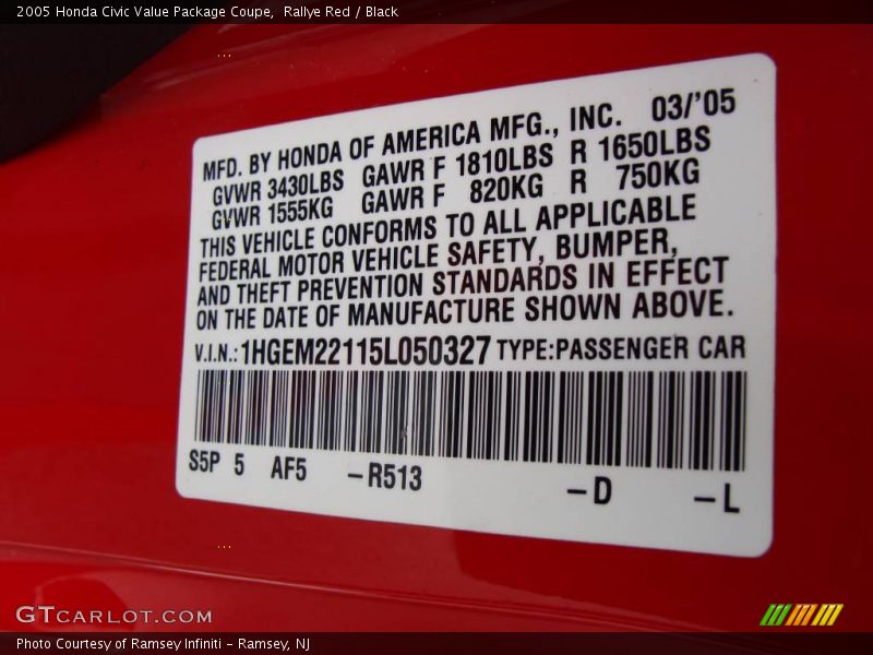 Rallye Red / Black 2005 Honda Civic Value Package Coupe