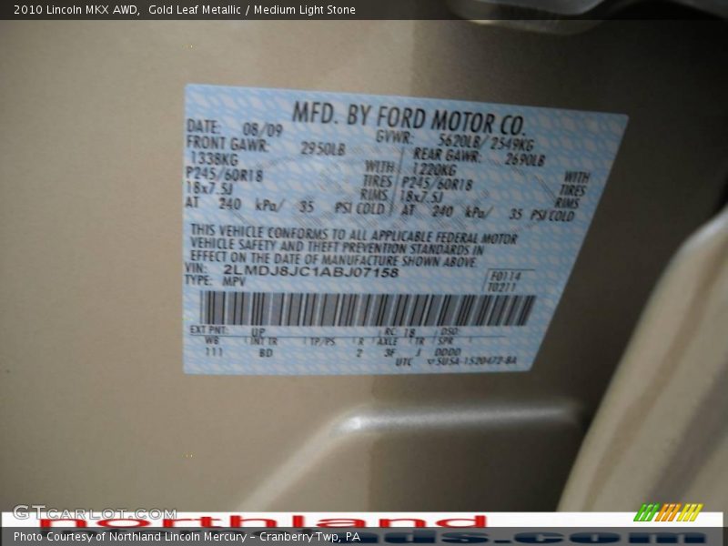 Gold Leaf Metallic / Medium Light Stone 2010 Lincoln MKX AWD