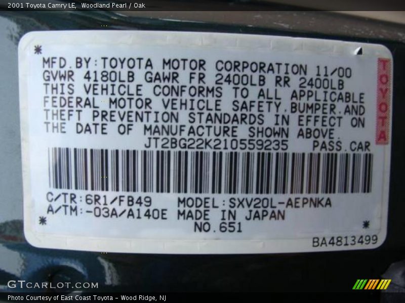 Woodland Pearl / Oak 2001 Toyota Camry LE
