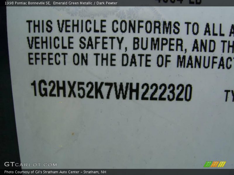 Emerald Green Metallic / Dark Pewter 1998 Pontiac Bonneville SE