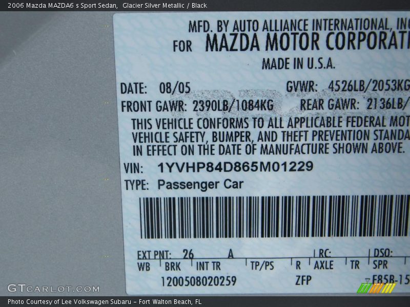 2006 MAZDA6 s Sport Sedan Glacier Silver Metallic Color Code 26A