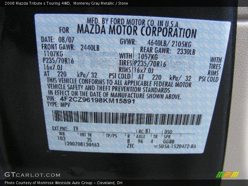 Monterey Gray Metallic / Stone 2008 Mazda Tribute s Touring 4WD