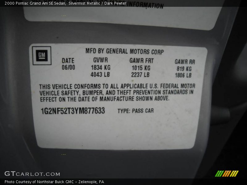 Silvermist Metallic / Dark Pewter 2000 Pontiac Grand Am SE Sedan