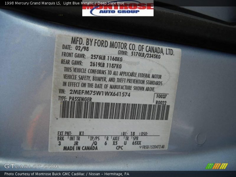 Light Blue Metallic / Deep Slate Blue 1998 Mercury Grand Marquis LS