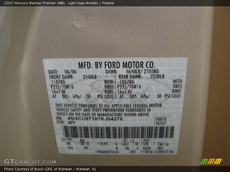 Light Sage Metallic / Pebble 2007 Mercury Mariner Premier 4WD