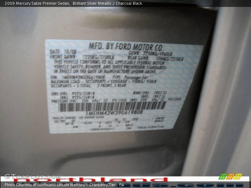 Brilliant Silver Metallic / Charcoal Black 2009 Mercury Sable Premier Sedan