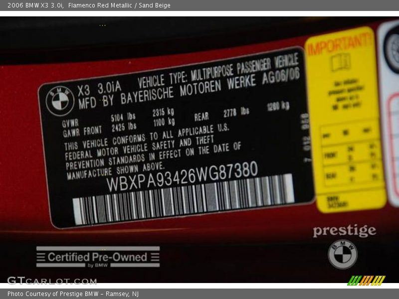 Flamenco Red Metallic / Sand Beige 2006 BMW X3 3.0i