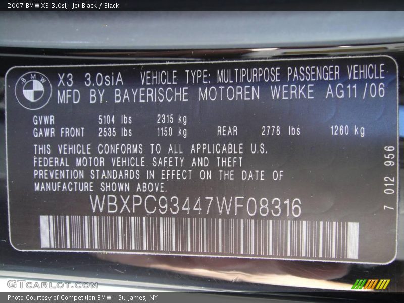 Jet Black / Black 2007 BMW X3 3.0si