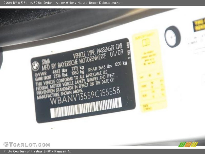 Alpine White / Natural Brown Dakota Leather 2009 BMW 5 Series 528xi Sedan