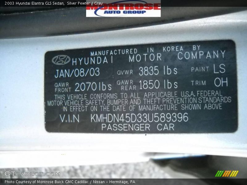 Silver Pewter / Gray 2003 Hyundai Elantra GLS Sedan