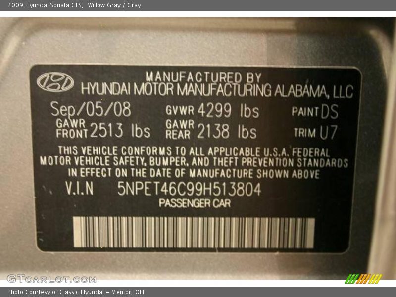 Willow Gray / Gray 2009 Hyundai Sonata GLS