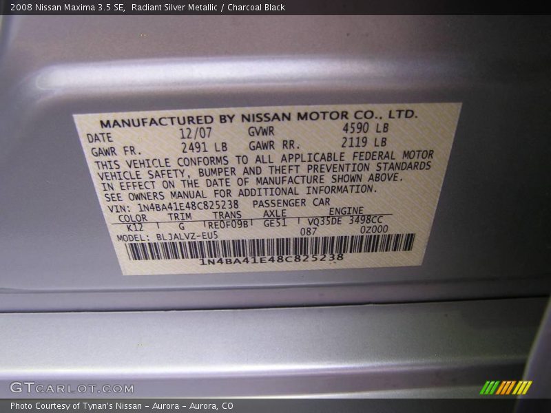 Radiant Silver Metallic / Charcoal Black 2008 Nissan Maxima 3.5 SE