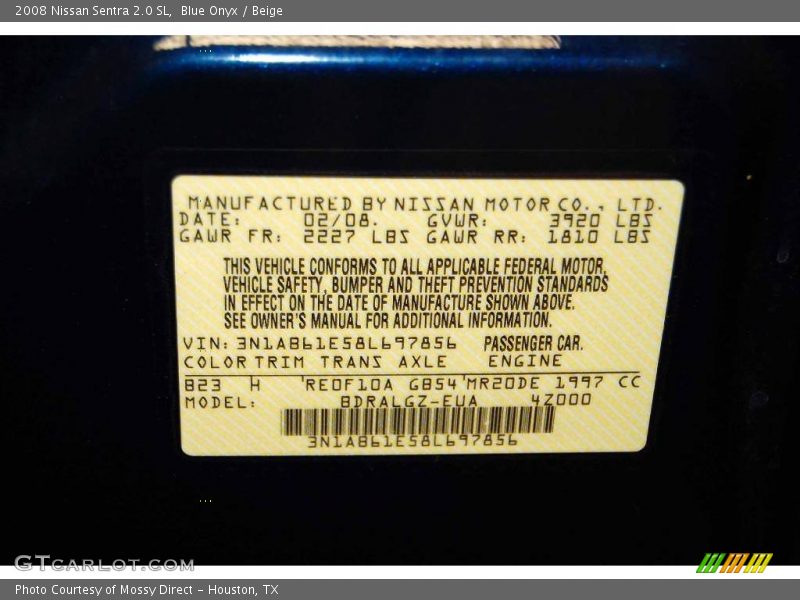 Blue Onyx / Beige 2008 Nissan Sentra 2.0 SL