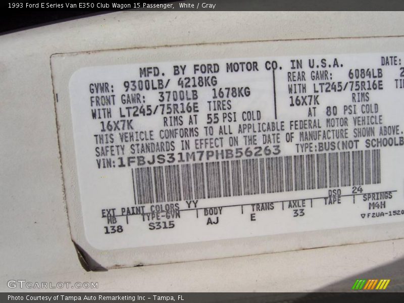 White / Gray 1993 Ford E Series Van E350 Club Wagon 15 Passenger