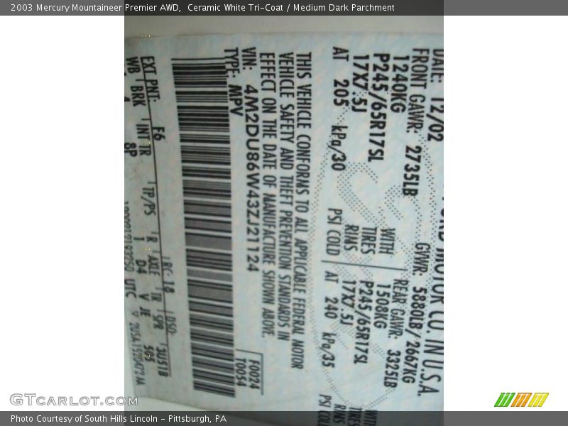 Ceramic White Tri-Coat / Medium Dark Parchment 2003 Mercury Mountaineer Premier AWD