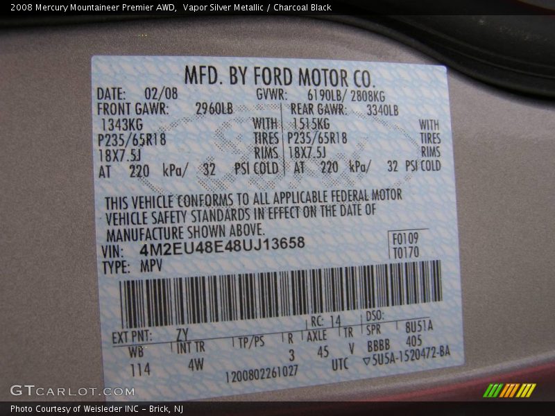 Vapor Silver Metallic / Charcoal Black 2008 Mercury Mountaineer Premier AWD