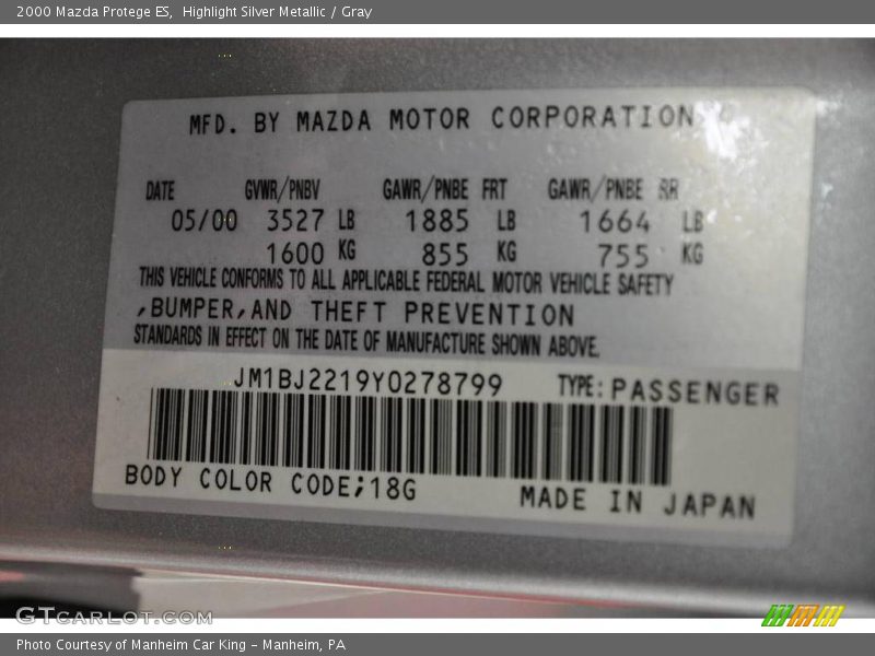 Highlight Silver Metallic / Gray 2000 Mazda Protege ES