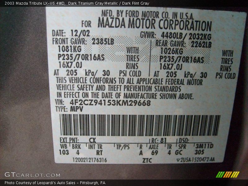 Dark Titanium Gray Metallic / Dark Flint Gray 2003 Mazda Tribute LX-V6 4WD