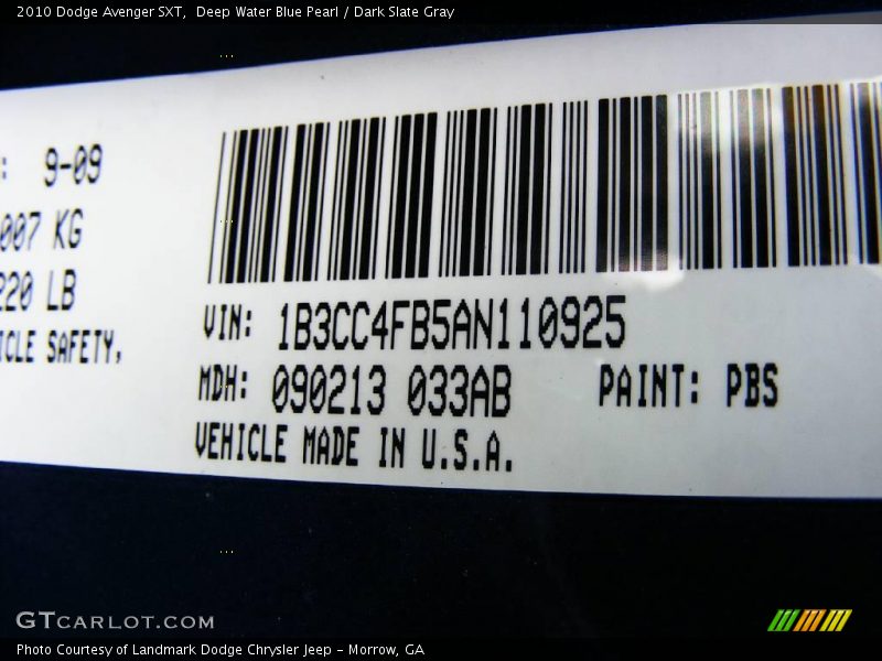 2010 Avenger SXT Deep Water Blue Pearl Color Code PBS