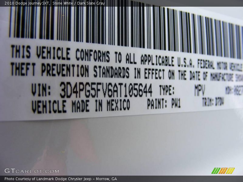 2010 Journey SXT Stone White Color Code PW1