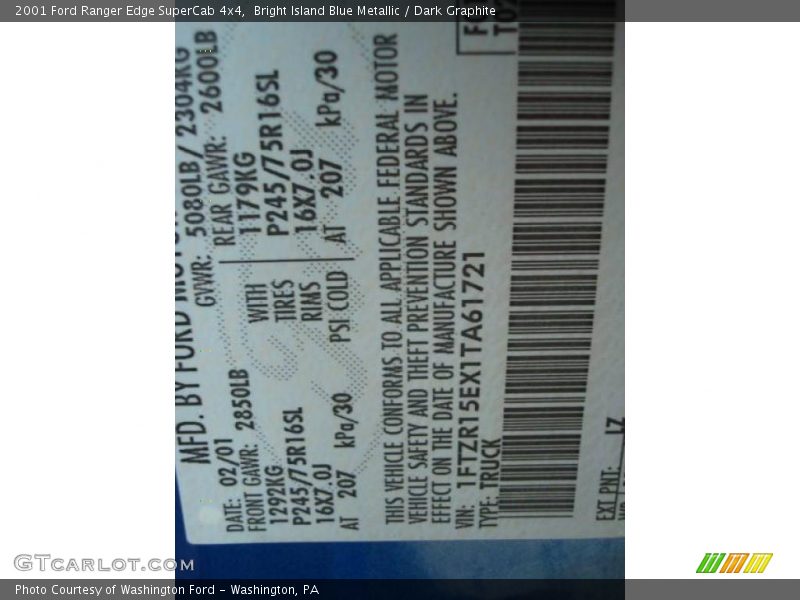 Bright Island Blue Metallic / Dark Graphite 2001 Ford Ranger Edge SuperCab 4x4