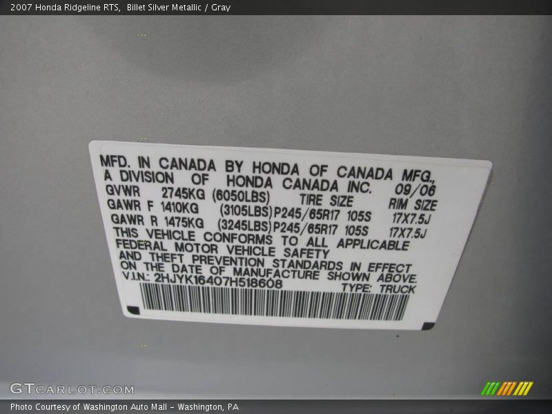 Billet Silver Metallic / Gray 2007 Honda Ridgeline RTS