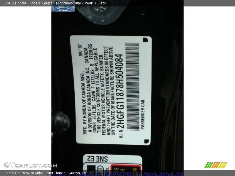 Nighthawk Black Pearl / Black 2008 Honda Civic EX Coupe