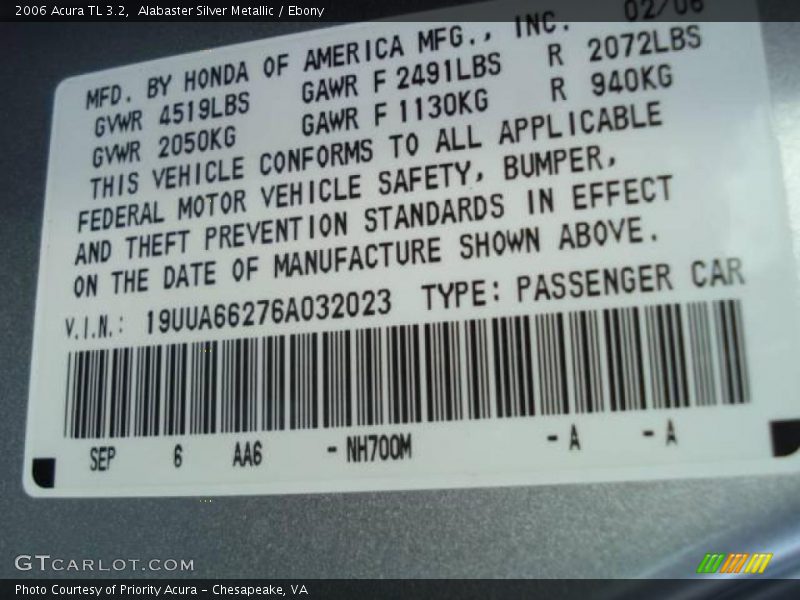 Alabaster Silver Metallic / Ebony 2006 Acura TL 3.2