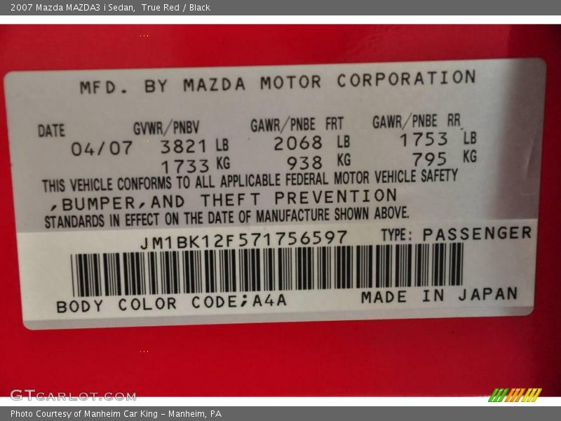 True Red / Black 2007 Mazda MAZDA3 i Sedan