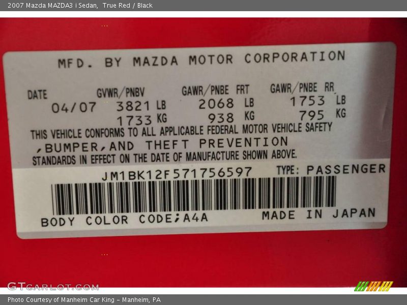 True Red / Black 2007 Mazda MAZDA3 i Sedan