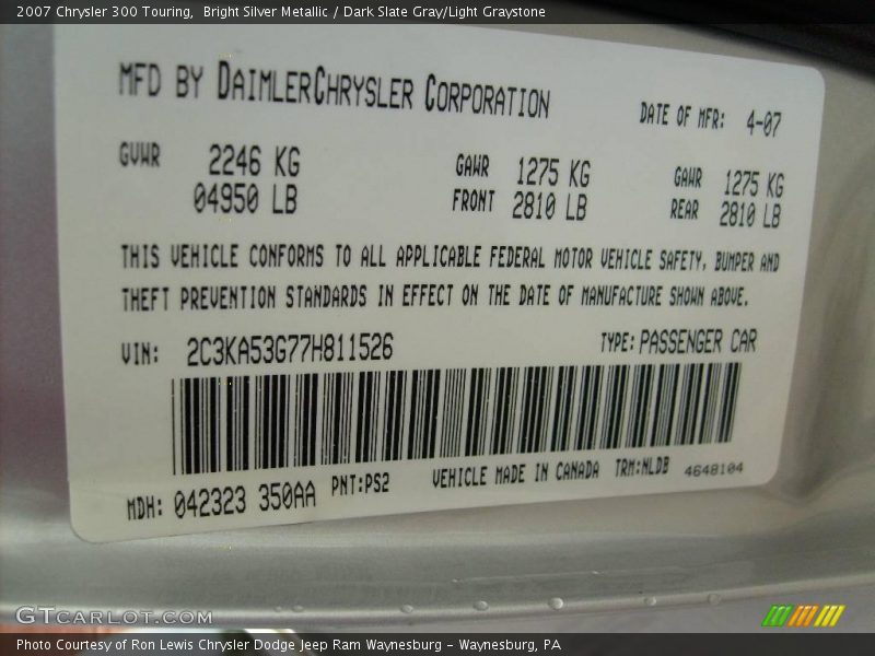 Bright Silver Metallic / Dark Slate Gray/Light Graystone 2007 Chrysler 300 Touring