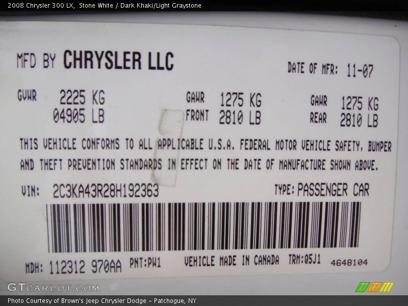 Stone White / Dark Khaki/Light Graystone 2008 Chrysler 300 LX