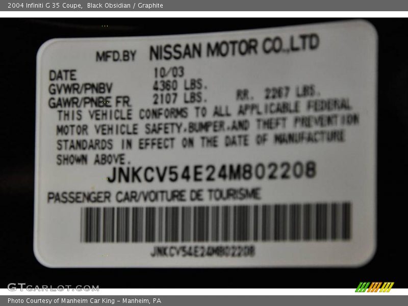 Black Obsidian / Graphite 2004 Infiniti G 35 Coupe