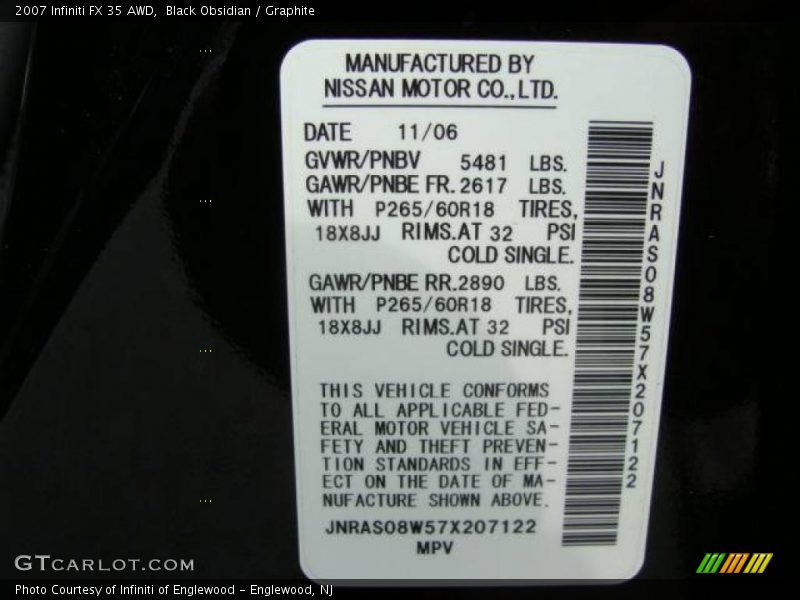 Black Obsidian / Graphite 2007 Infiniti FX 35 AWD