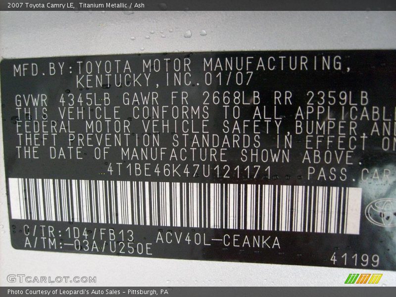 Titanium Metallic / Ash 2007 Toyota Camry LE