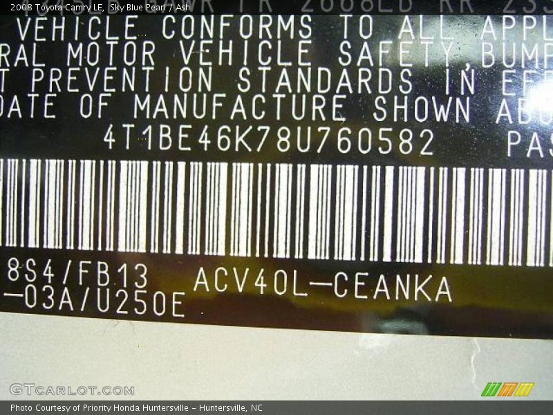 Sky Blue Pearl / Ash 2008 Toyota Camry LE