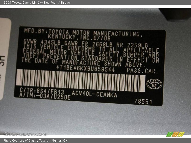 Sky Blue Pearl / Bisque 2009 Toyota Camry LE
