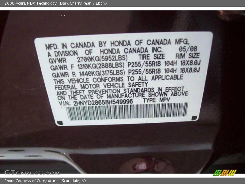Dark Cherry Pearl / Ebony 2008 Acura MDX Technology